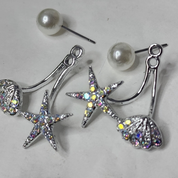 Silver and Iridescent Crystal Starfish and Shell Earrings - Picture 4 of 6